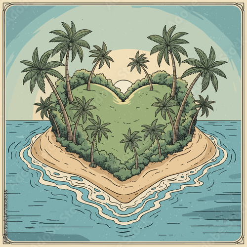 Idyllic heart-shaped tropical island with swaying palm trees, emerging from the serene ocean under a tranquil sky, symbolizing love, peace, and romantic escape