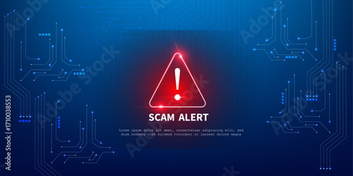 Blue Abstract Tech Circuit Design with Red Alert Icon for Cyber Fraud Warning