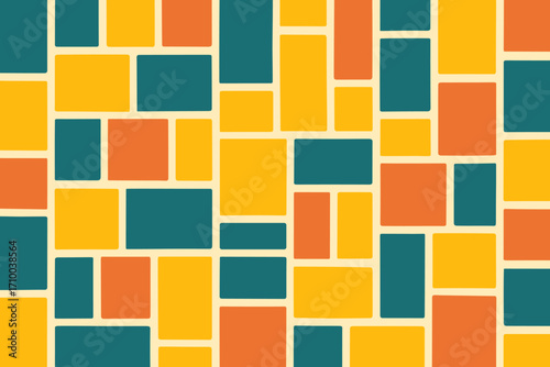 A colorful abstract pattern featuring rectangular blocks in shades of yellow, orange, and teal, arranged in a grid layout