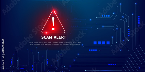 Blue Abstract Tech Circuit Design with Red Alert Icon for Cyber Fraud Warning
