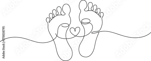 Two bare feet drawn with a single continuous line, connected by a heart symbolizing love and unity.