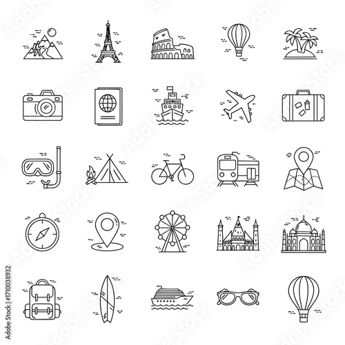 A collection of twenty-five black and white line art icons representing various aspects of travel, tourism, and vacation.