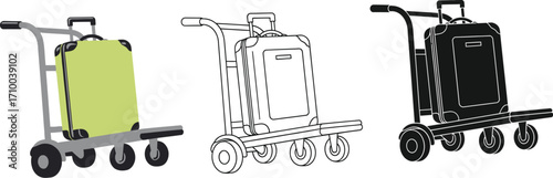 Three different styles of luggage carts with suitcases, including a colored one, a line drawing, and a silhouette.