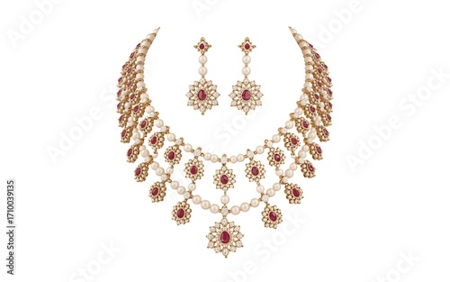 Gold necklace and earrings isolated on white background