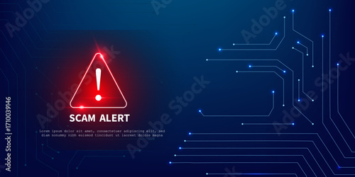 Cyber Danger Alert with Red Security Icon on Blue Technology Background