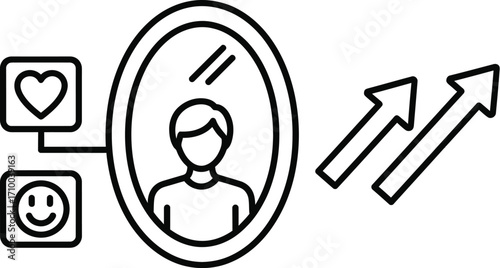 Person reflecting on self-improvement and positive growth with social media icons nearby.