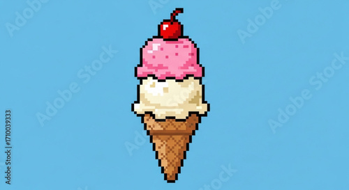 Pixel art ice cream cone with cherry on top, a nostalgic and retro treat against a blue background, perfect for summer vibes