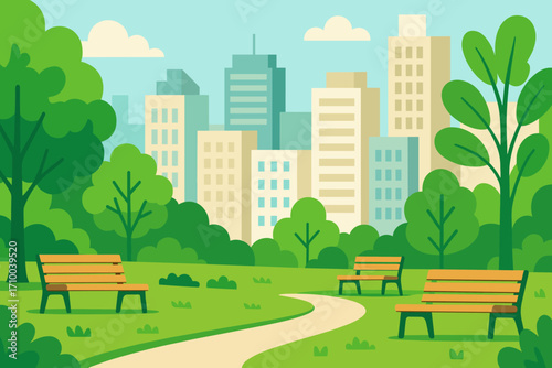 A serene city park scene with lush greenery, trees, and benches, set against a backdrop of tall buildings