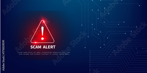 Blue Abstract Tech Circuit Design with Red Alert Icon for Cyber Fraud Warning