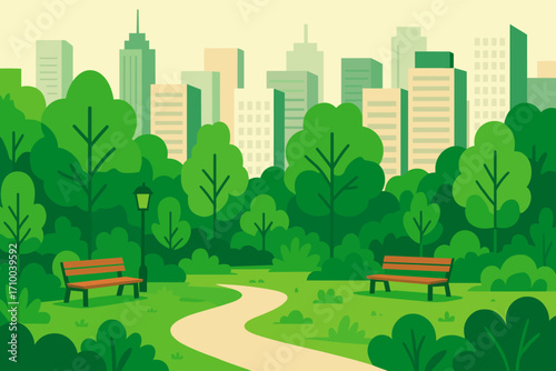 A peaceful urban park scene surrounded by lush green trees and plants, with a winding path and benches for relaxation
