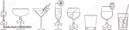 Collection of elegant cocktail glasses with garnishes and festive ribbons