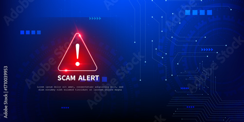 Cyber Security Scam Alert with Blue Tech Circuit Board and Red Danger Symbol