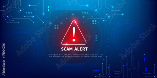 Cyber Security Scam Alert with Blue Tech Circuit Board and Red Danger Symbol