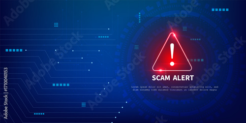 Cyber Security Scam Alert with Blue Tech Circuit Board and Red Danger Symbol