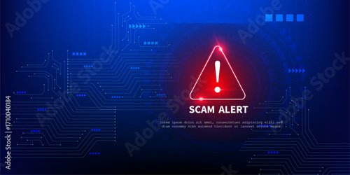 Cyber Security Scam Alert with Blue Tech Circuit Board and Red Danger Symbol