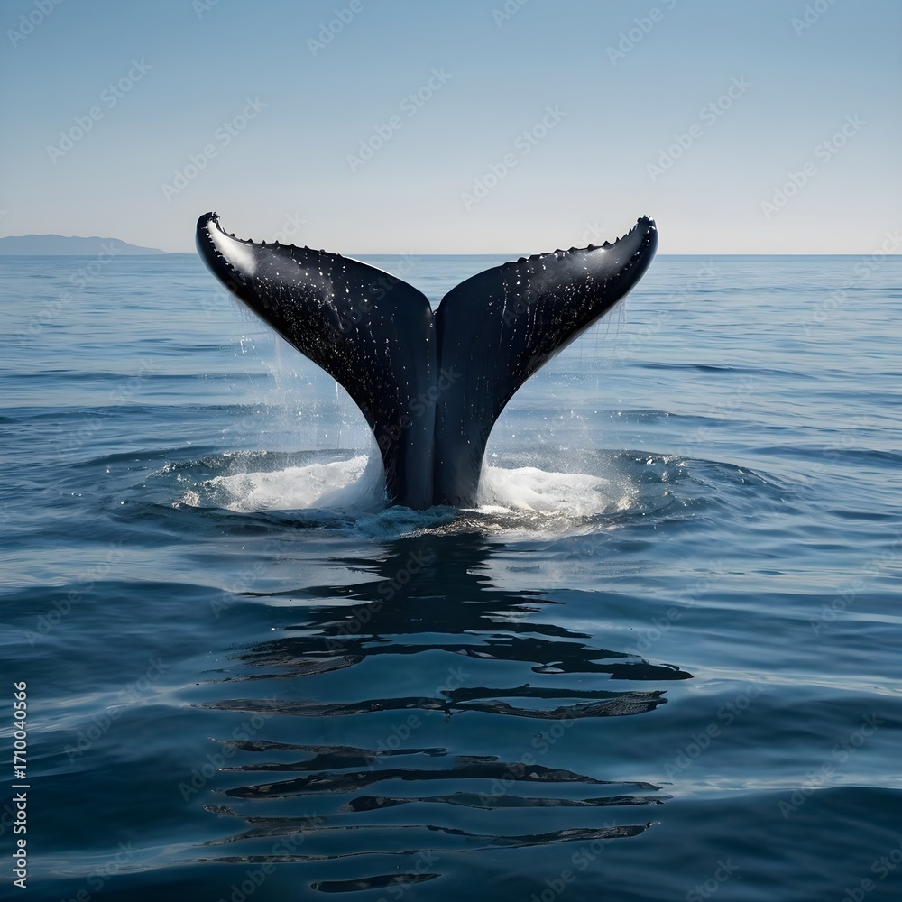Fototapeta premium Whale tail emerging from sea, clean ocean background