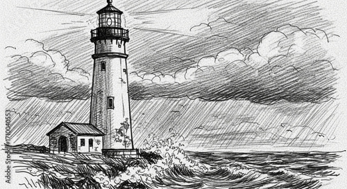 Dramatic lighthouse sketch on a rocky coast with crashing waves and stormy clouds, a timeless beacon of hope and guidance in the face of adversity