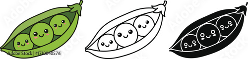 Three cute peas in a pod with smiling faces, representing friendship and happiness.