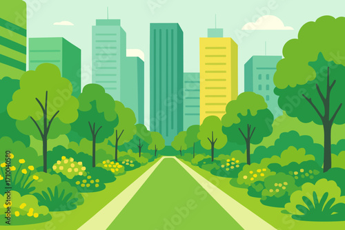 Urban park path surrounded by trees, flowers, and skyscrapers, sustainable city and green public space concept, vector illustration