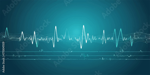 Abstract medical background showing a green cardiogram on a blue background, depicting a heartbeat pulse wave graph