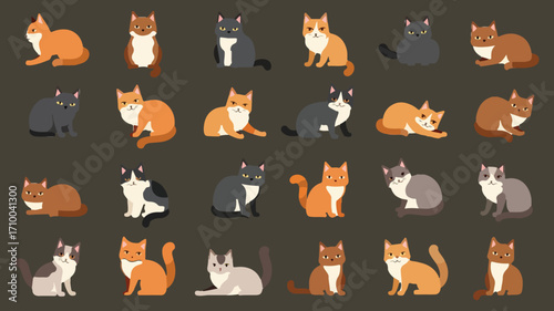 A set of colorful cat with different positions and looks
