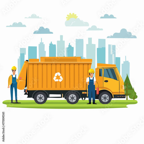 Trash utility, disposal and recycling concept set. Waste collector worker, recycling trash bin and garbage truck collection. Vector illustration.