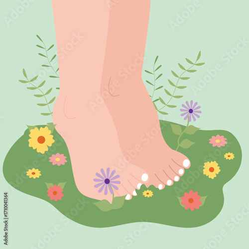 Woman legs on green grass with  flowers. woman walk barefoot on fresh green grass Vector  illustration
