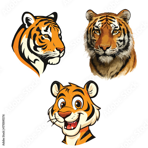 Sets of tiger head on white background