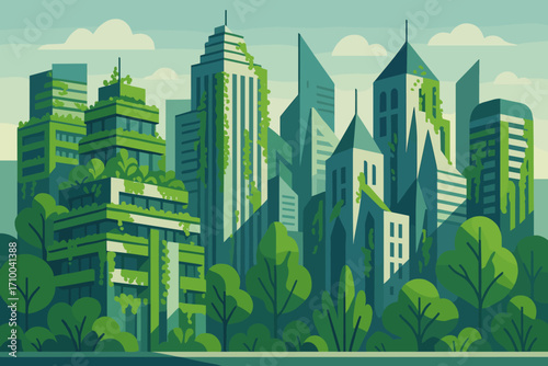 Futuristic eco city with modern skyscrapers and greenery covering buildings, sustainable urban development and green architecture concept, vector illustration