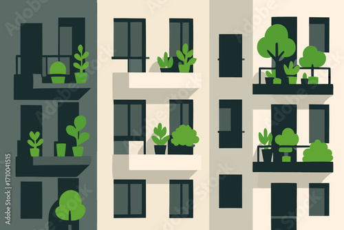 Apartment facade with balconies decorated with potted green plants and small trees, urban gardening and eco friendly lifestyle concept, vector illustration