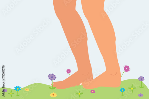 Woman legs on green grass with  flowers. woman walk barefoot on fresh green grass Vector  illustration