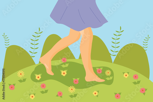 Woman legs on green grass with  flowers. woman walk barefoot on fresh green grass Vector  illustration
