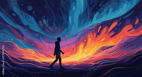 Silhouette of a person walking through a vibrant, abstract landscape of swirling colors and shapes.