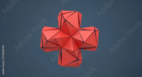 Geometric red cross shape with black lines on a dark blue background, creating a modern and abstract design with a threedimensional effect