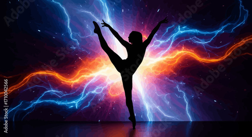 Silhouette of a ballet dancer in a dynamic pose against a backdrop of vibrant, energetic lightning strikes.