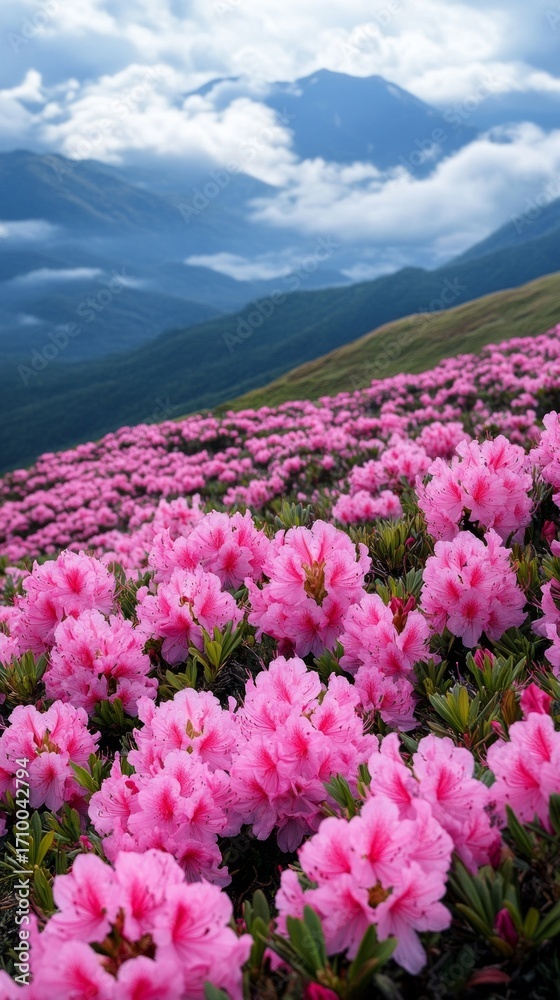 Fototapeta premium Pink flowers against a backdrop of mountains and clouds, a striking contrast of nature, ideal for illustrations about travel and the beauty of nature.