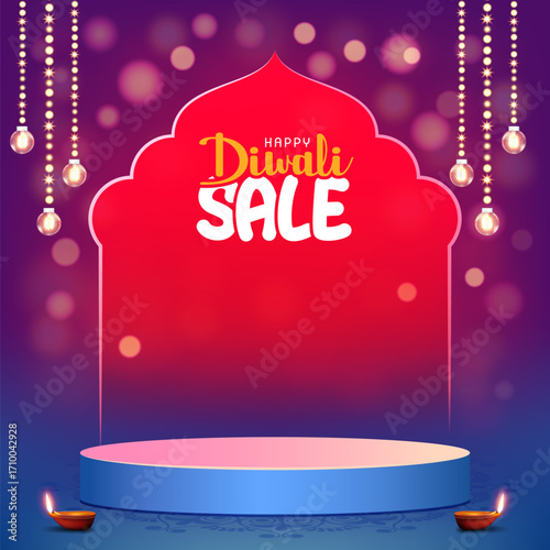 happy diwali sale post template with podium, frame, lights on colorful bokeh background