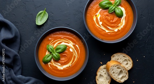 Delicious Tomato Soup with Basil and Bread.