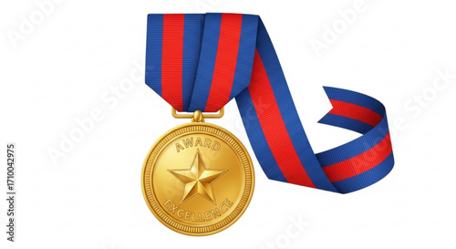 Gold award medal with red and blue ribbon, symbolizing achievement, recognition, and excellence in a clean, minimalist style