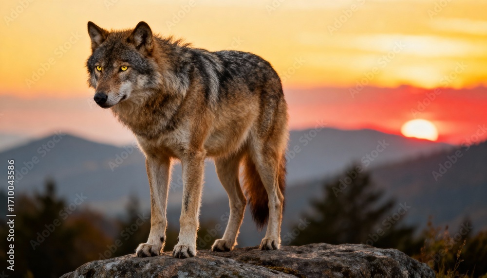 Fototapeta premium Wolf on rock at sunset with mountains and warm glowing sky.