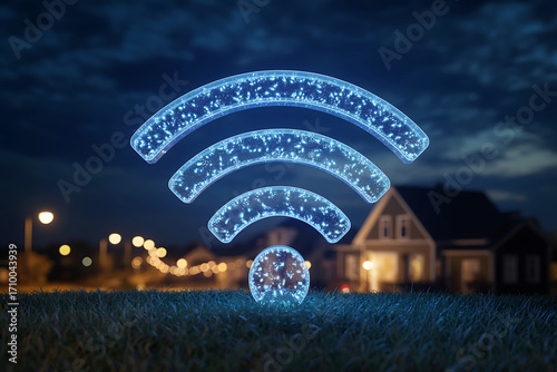 Glowing wi-fi signal icon illuminates a suburban neighborhood at night