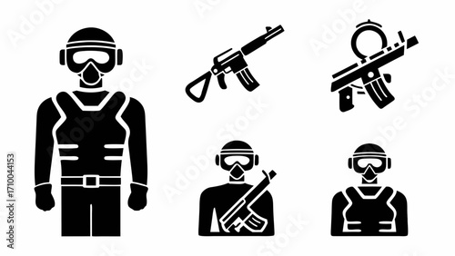Illustration of paintball players with protective gear and paintball guns in black and white style design silhouette