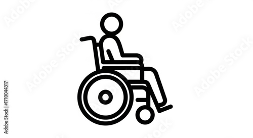Simple line art illustration of a person sitting in a wheelchair, symbol of accessibility and inclusion