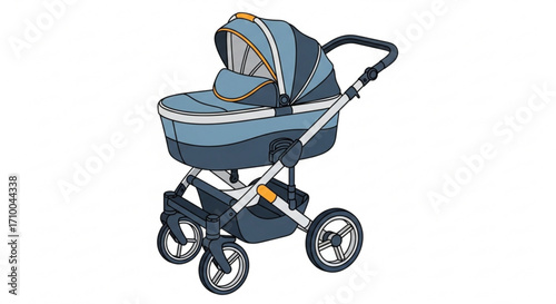 Illustration of a modern baby stroller in blue tones, comfortable and stylish transport for infant and toddler