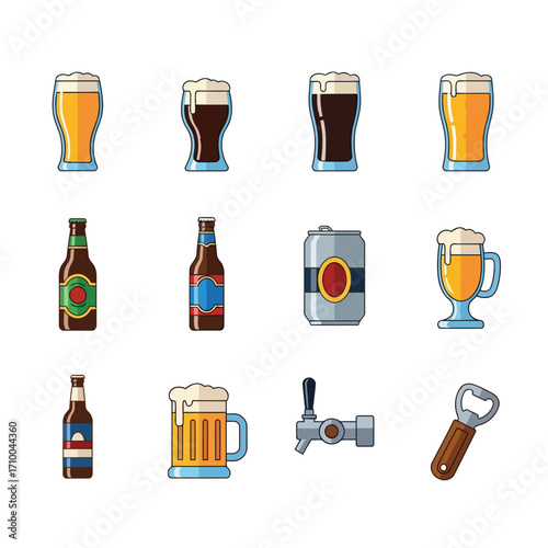 A collection of various beer-related icons, including glasses, bottles, cans, a tap, and a bottle opener.