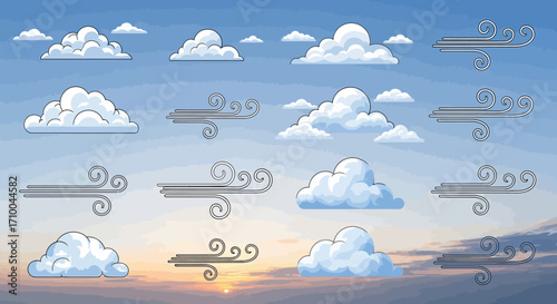 Weather Vector Illustration with Clouds and Wind Elements in Sky Background Modern Vector Design