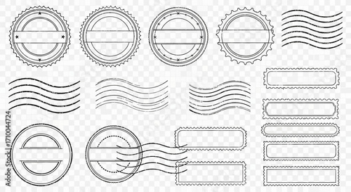 Vector Grunge Stamps Set with Circular and Rectangular Elements in Black Ink Style Postmarks Design Vector Illustration