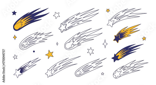 Seamless Vector Pattern with Comet and Star Elements in Minimalist Style Blue and Yellow Tones