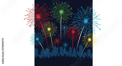 Colorful fireworks exploding over a city skyline at night, creating a vibrant and festive display of light and celebration