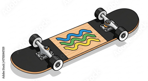 Isometric illustration of a skateboard, featuring a wooden deck with a colorful wave design
